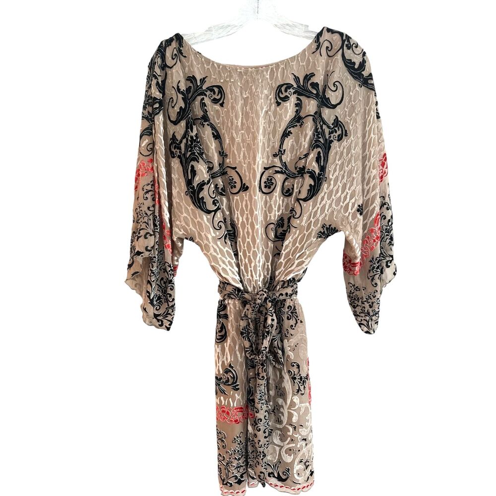 Hale Bob Silk Blend Burnout Kimono Sleeve Dress Small Boho Damask Tie NWOT